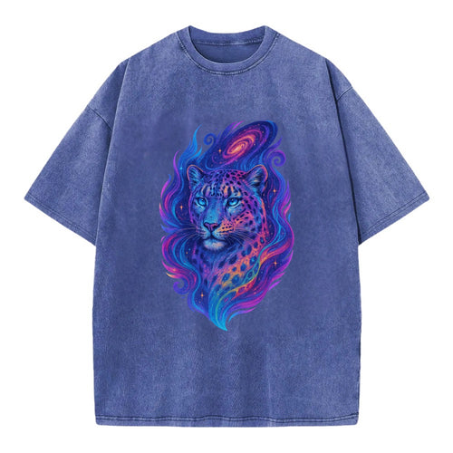 Majestic snow leopard with rainbow gradient spots, crystalline flowing patterns, - Vintage T-shirt