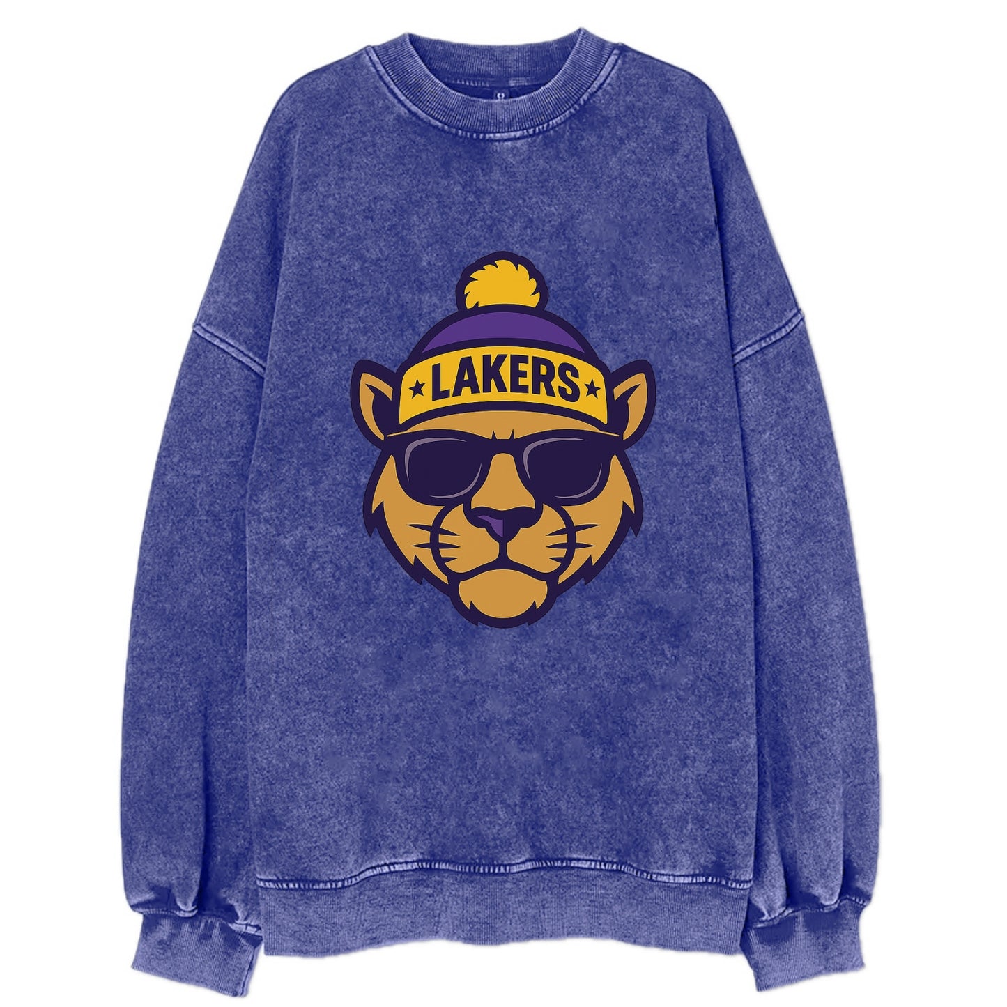 LA Mountain Lion wearing Lakers purple and gold beanie with championship stars - Vintage Sweatshirt - Blue