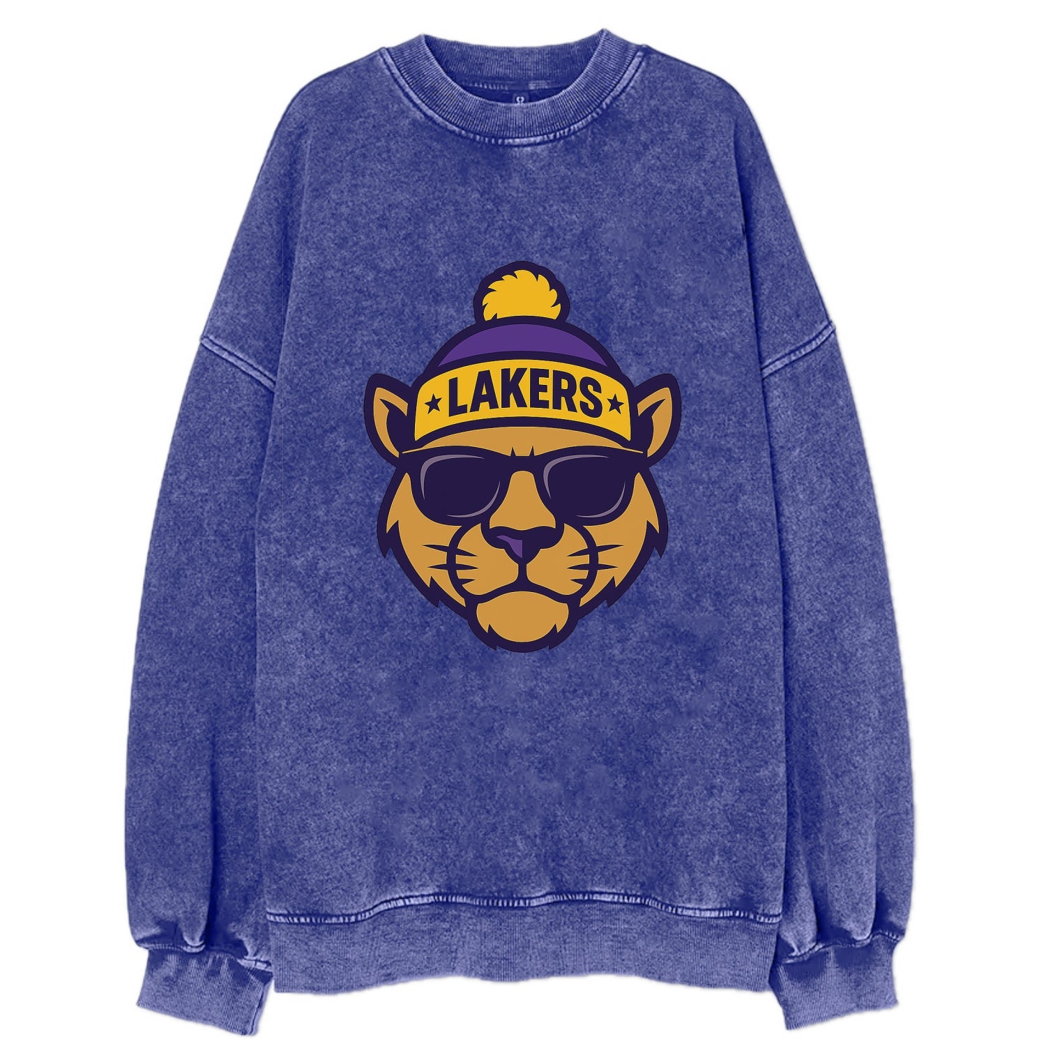 LA Mountain Lion wearing Lakers purple and gold beanie with championship stars - Vintage Sweatshirt - Blue