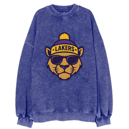 LA Mountain Lion wearing Lakers purple and gold beanie with championship stars - Vintage Sweatshirt - Blue