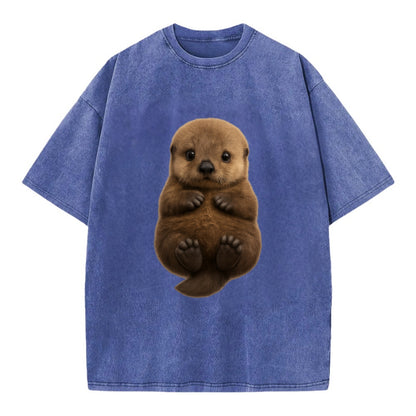 Baby Sea Otter - brown fluffy, floating on back, tiny paws, bright eyes, - Vintage T-shirt - Blue
