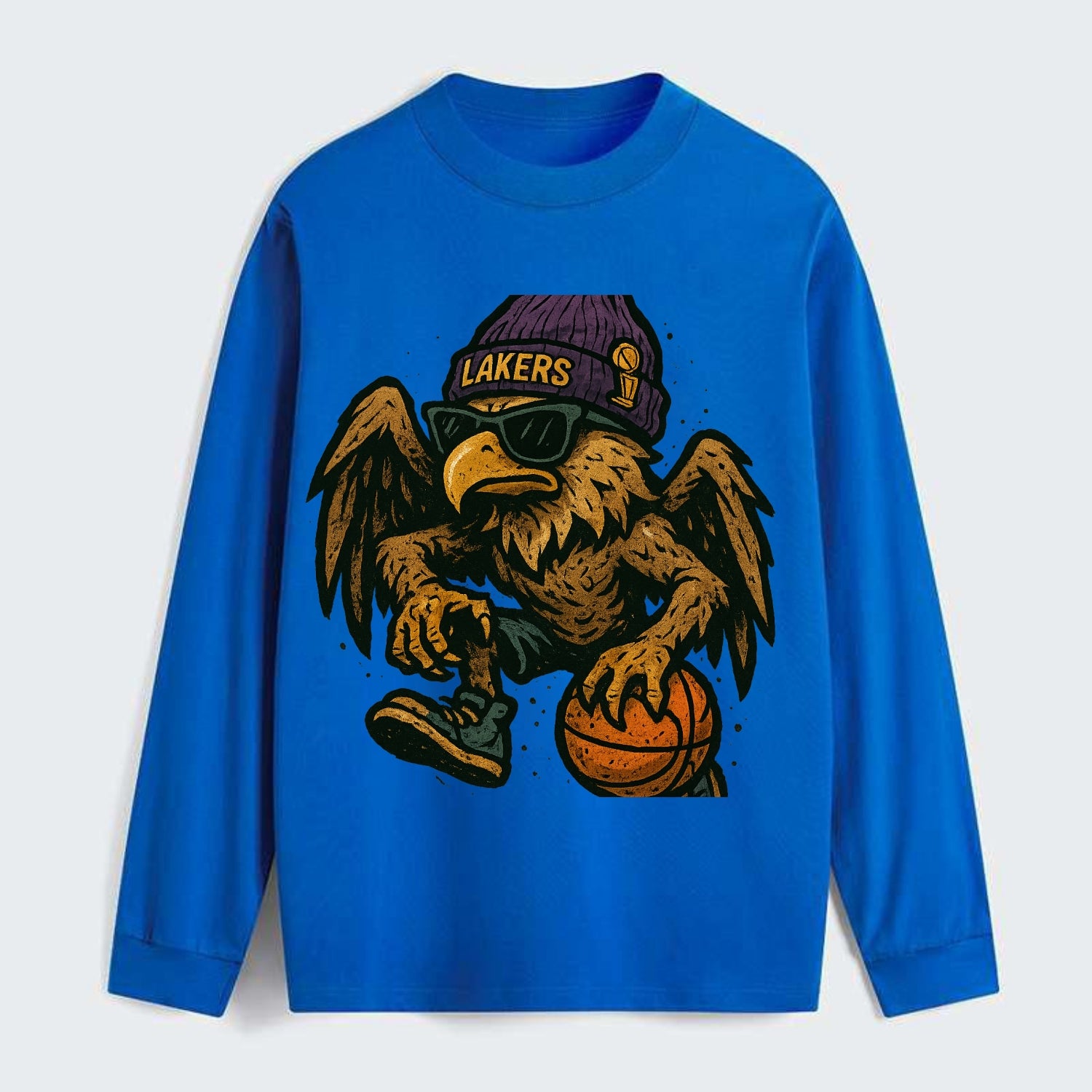 Los Angeles Golden Eagle wearing Lakers beanie with trophy patch and - Classic Long Sleeve Shirt - Blue