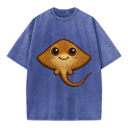 Baby Stingray - flat body, long tail, eyes on top, front-facing, friendly - Vintage T-shirt - Blue