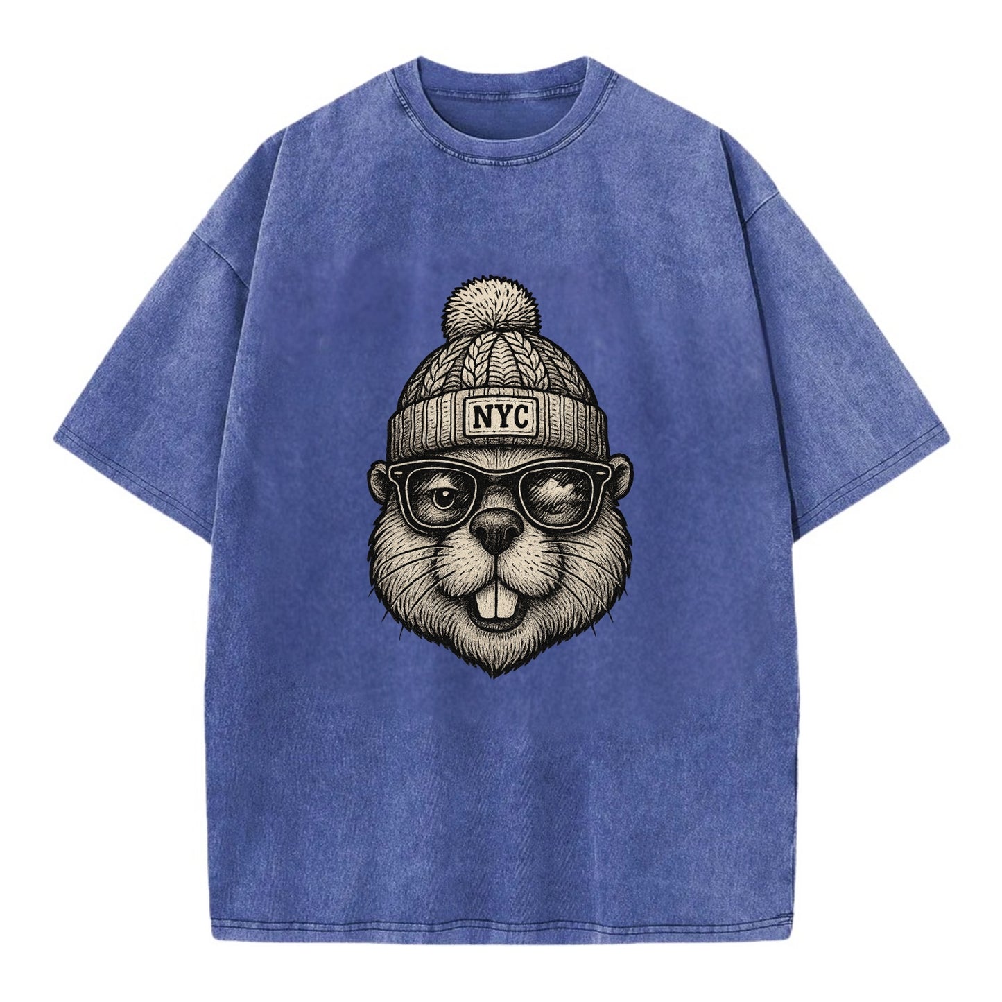 New York Beaver wearing NYC beanie with pom pom and wayfarer sunglasses - Vintage T-shirt - Blue