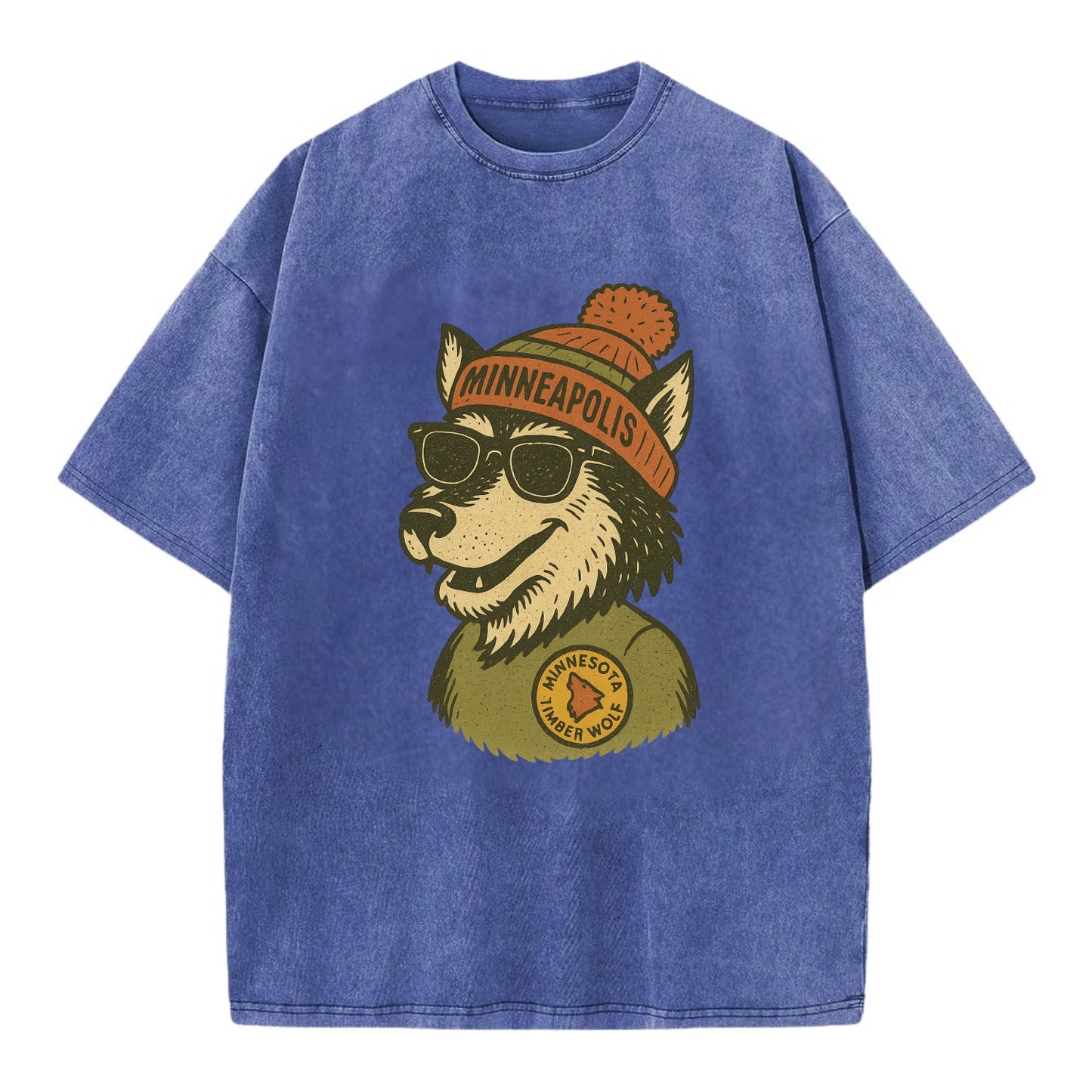 Minnesota Timber Wolf wearing Minneapolis beanie with pom pom and wayfarer - Vintage T-shirt - Blue