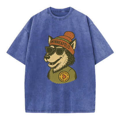Minnesota Timber Wolf wearing Minneapolis beanie with pom pom and wayfarer - Vintage T-shirt - Blue
