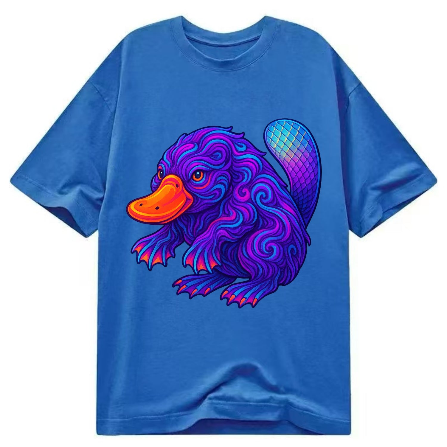 Quirky platypus with bill glowing in neon orange, beaver tail with holographic - Classic T-shirt - Blue