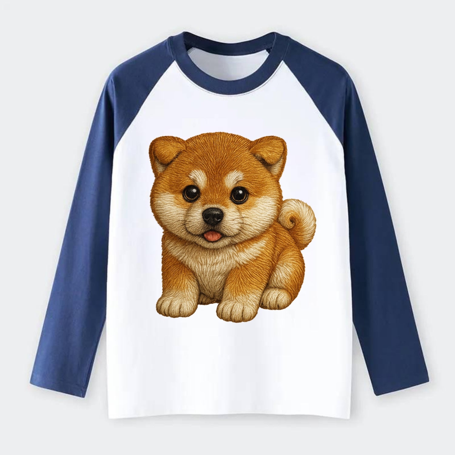 Baby Akita Puppy - fluffy bear-like, curled tail, dignified eyes, - Raglan Long Sleeve T-Shirt - Blue