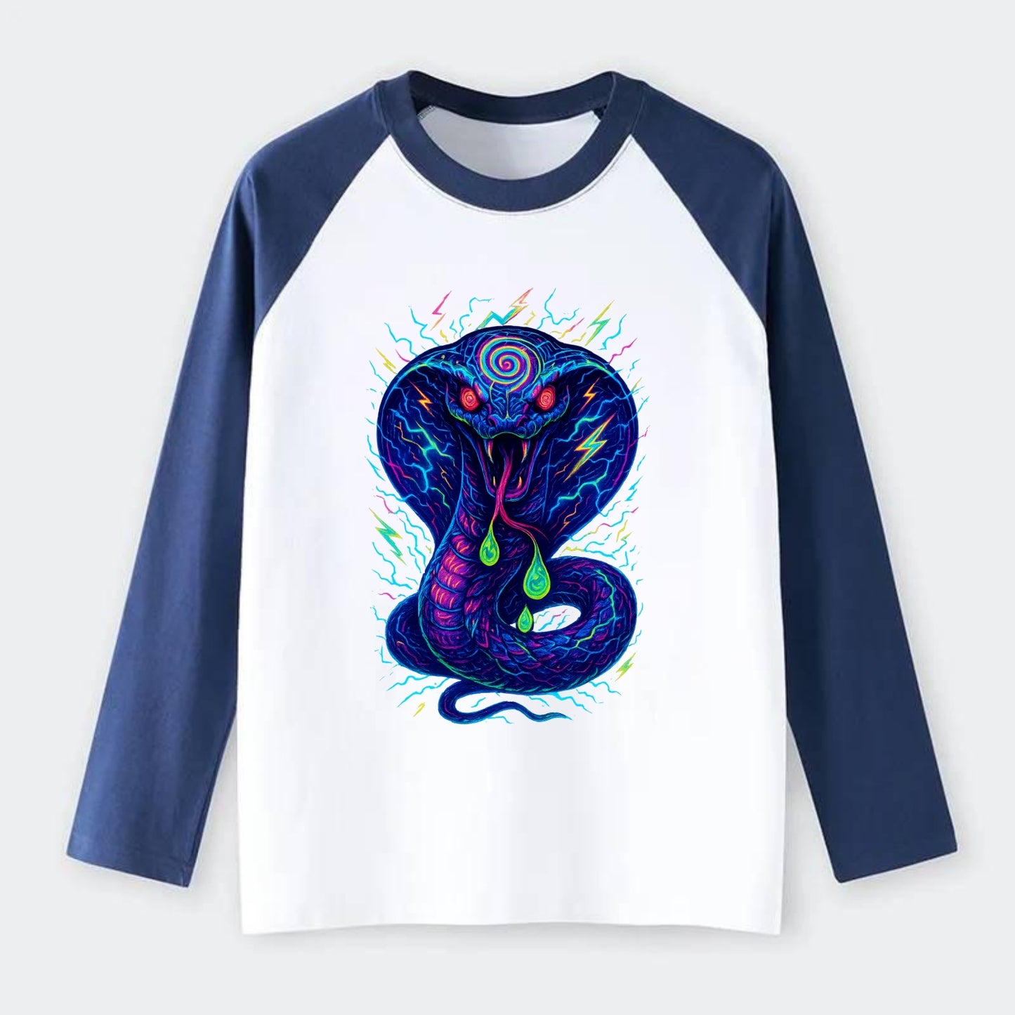 Mesmerizing cobra with hypnotic spiral patterns in the hood, scales - Raglan Long Sleeve T-Shirt - Blue