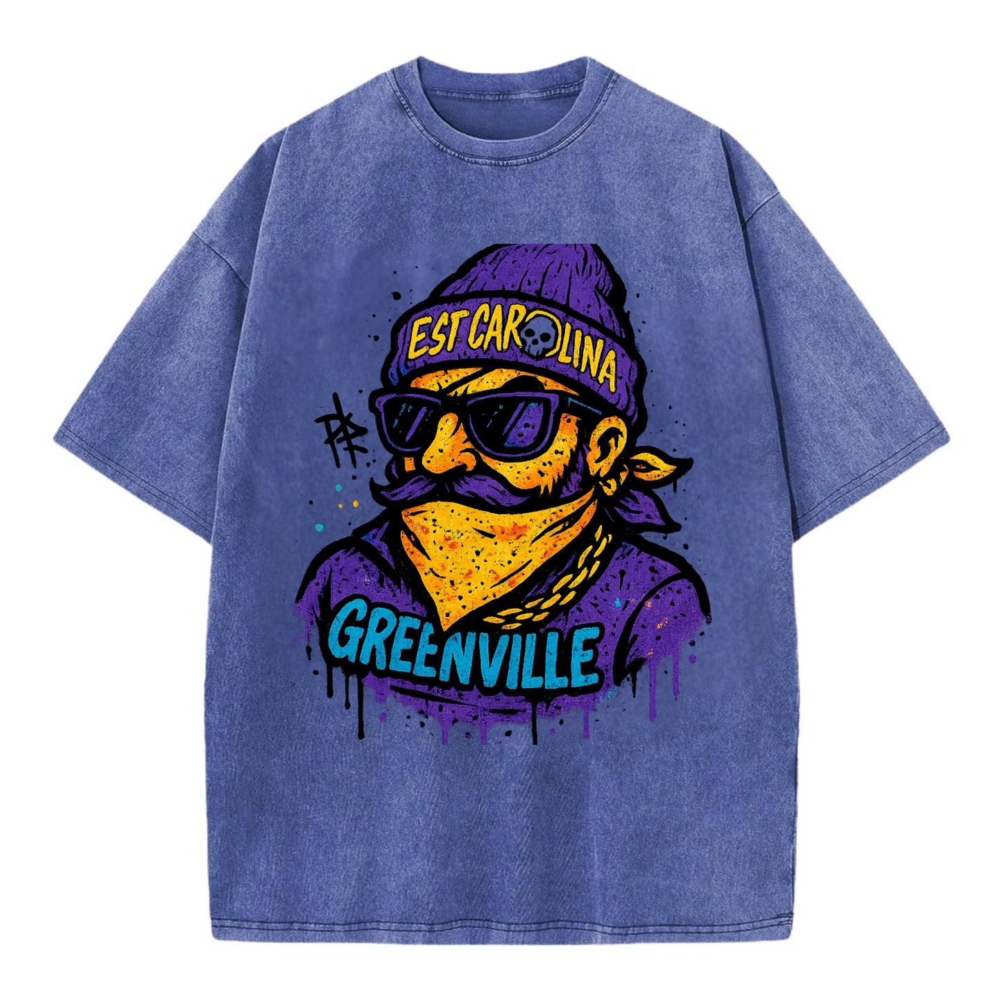 Greenville Pirate wearing East Carolina beanie with skull patch - Vintage T-shirt - Blue