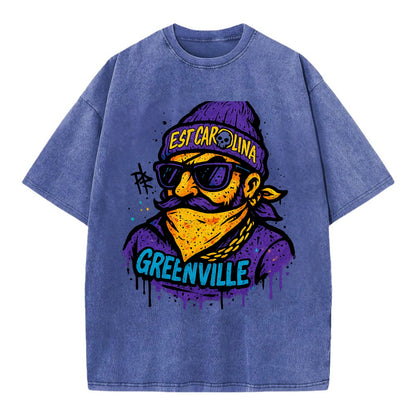 Greenville Pirate wearing East Carolina beanie with skull patch - Vintage T-shirt - Blue