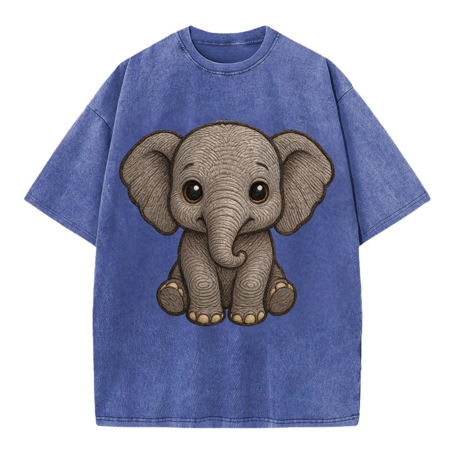 Baby Elephant - gray wrinkly, tiny trunk, large floppy ears, kind dark eyes, - Vintage T-shirt - Blue