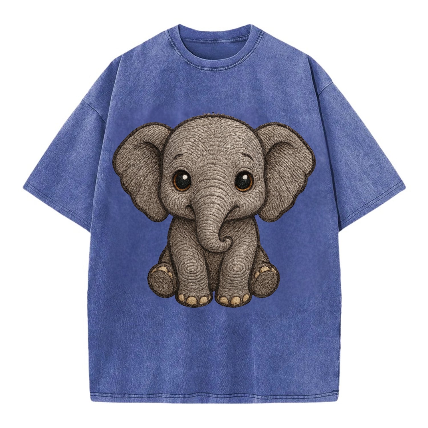 Baby Elephant - gray wrinkly, tiny trunk, large floppy ears, kind dark eyes, - Vintage T-shirt - Blue