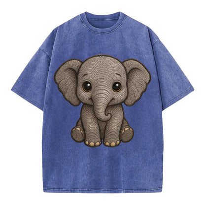 Baby Elephant - gray wrinkly, tiny trunk, large floppy ears, kind dark eyes, - Vintage T-shirt - Blue