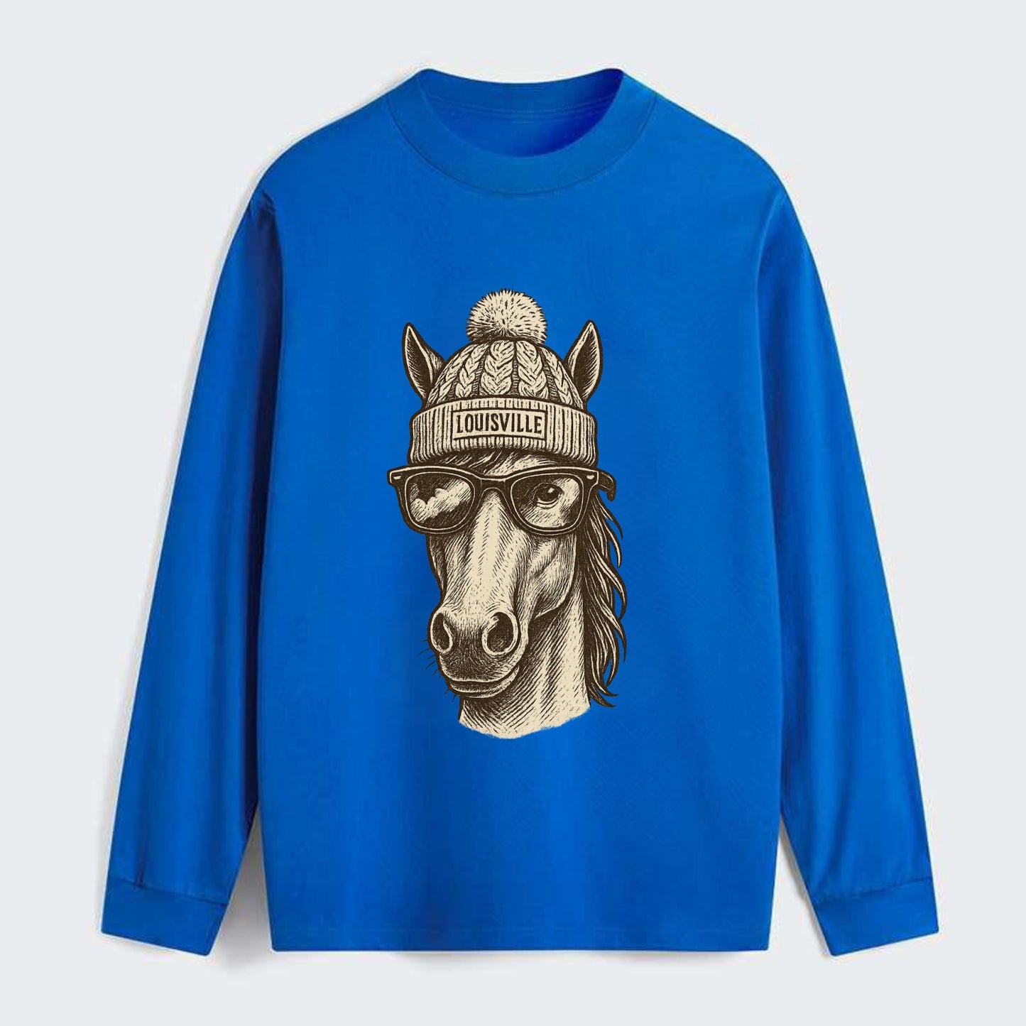 Kentucky Thoroughbred Horse wearing Louisville beanie with pom pom and - Classic Long Sleeve Shirt - Blue