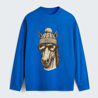 Kentucky Thoroughbred Horse wearing Louisville beanie with pom pom and - Classic Long Sleeve Shirt - Blue