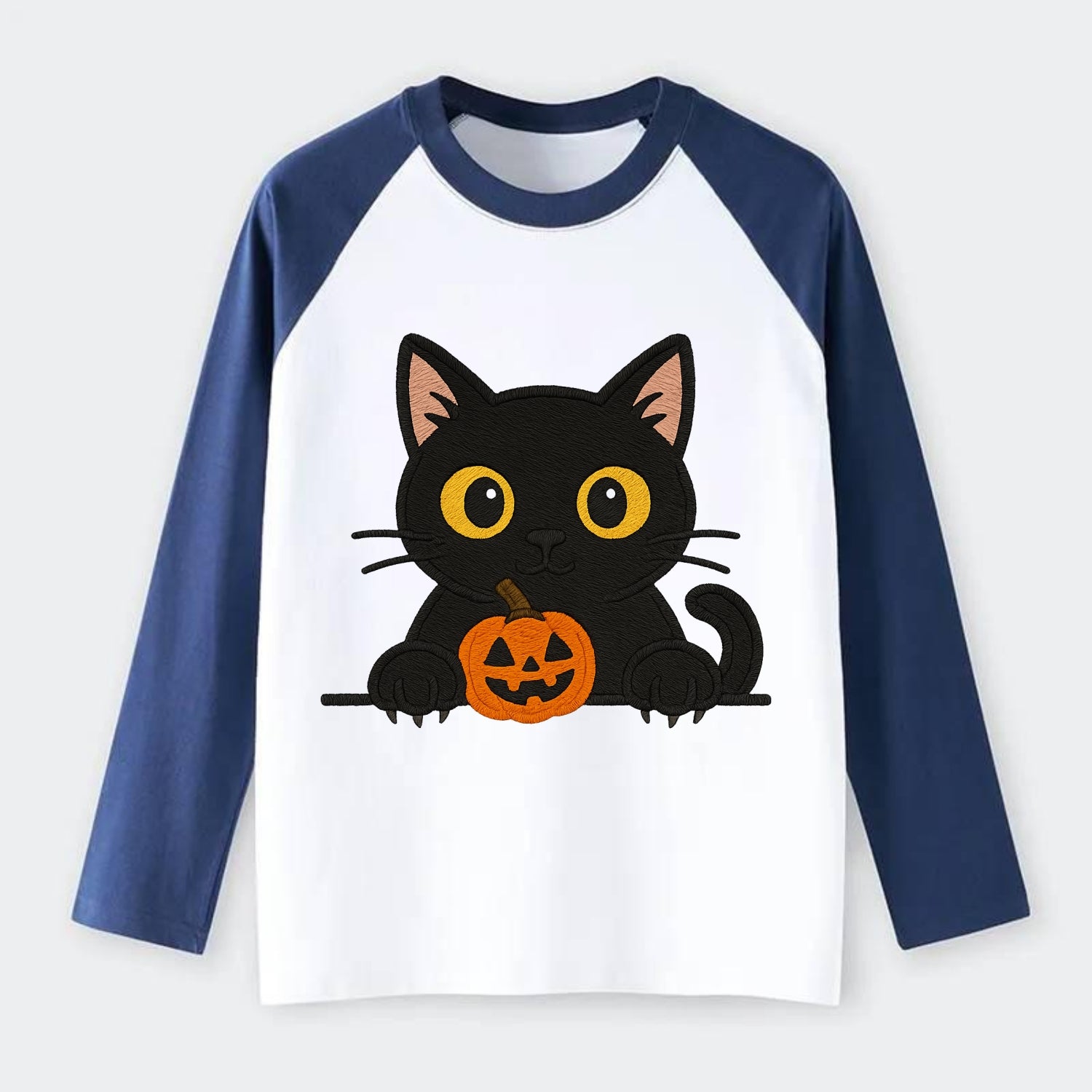 Midnight the black cat wearing round spectacles while studying the - Raglan Long Sleeve T-Shirt - Blue
