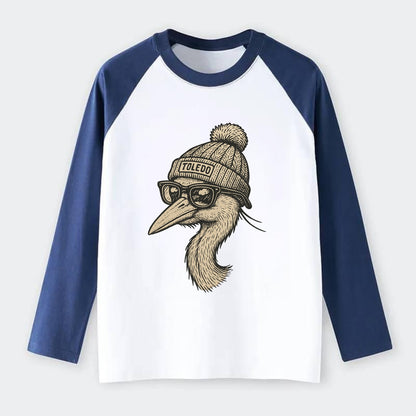 Toledo Great Blue Heron wearing Toledo beanie with pom pom and - Raglan Long Sleeve T-Shirt - Blue