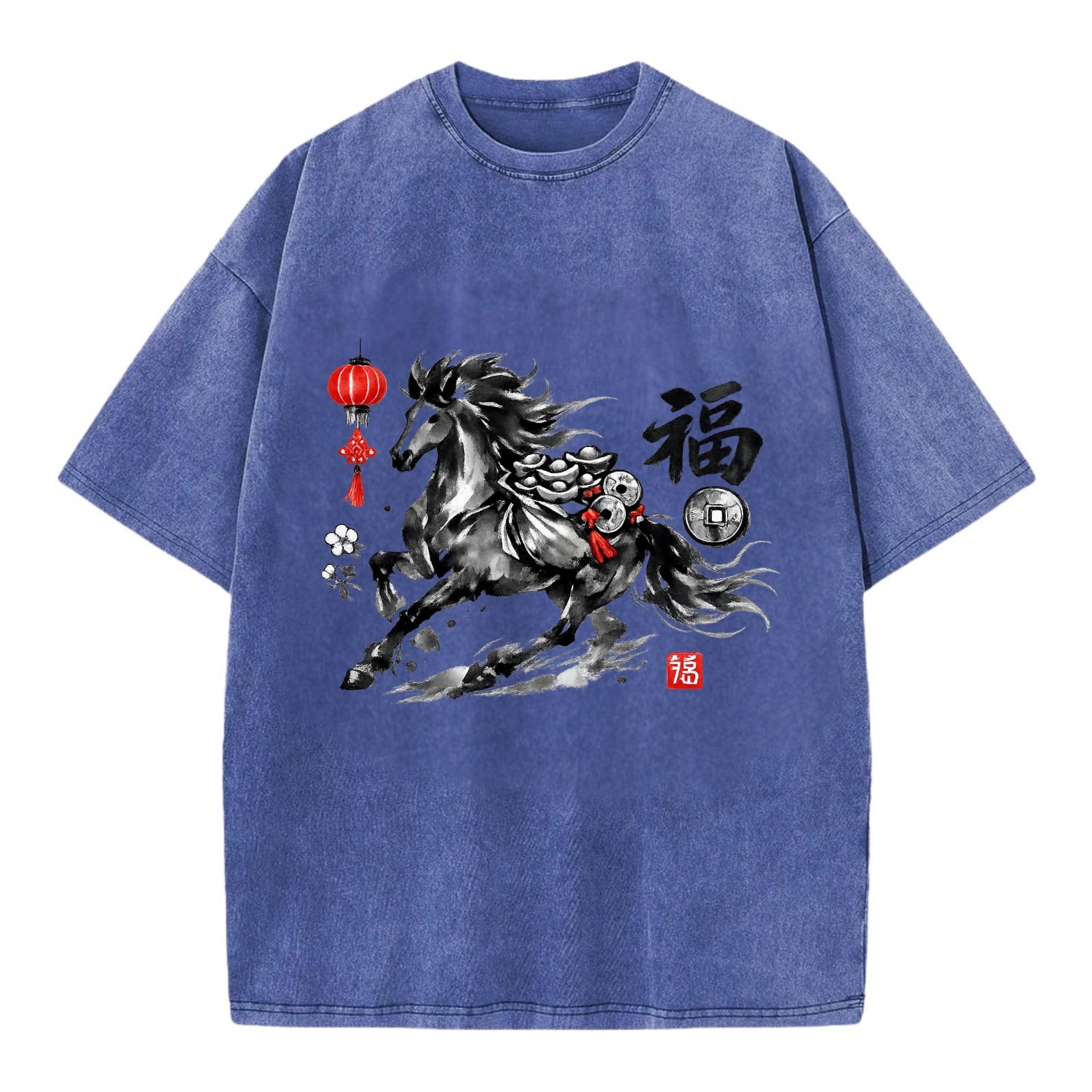 PROSPERITY HORSE | Horse carrying gold ingots and coins | Chinese knot - Vintage T-shirt - Blue