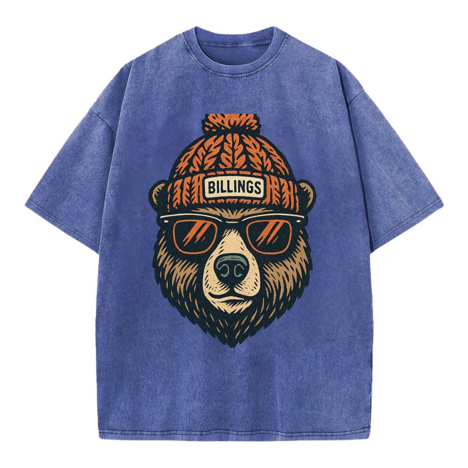 Montana Grizzly Bear wearing Billings beanie with pom pom and wayfarer sunglasses - Vintage T-shirt - Blue