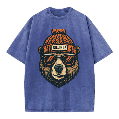 Montana Grizzly Bear wearing Billings beanie with pom pom and wayfarer sunglasses - Vintage T-shirt - Blue