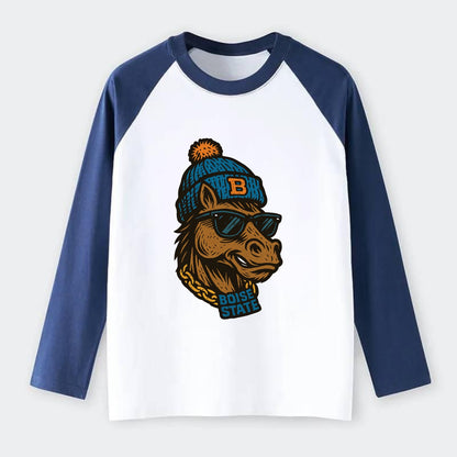 Boise Bronco wearing Boise State beanie with B patch - Raglan Long Sleeve T-Shirt - Blue