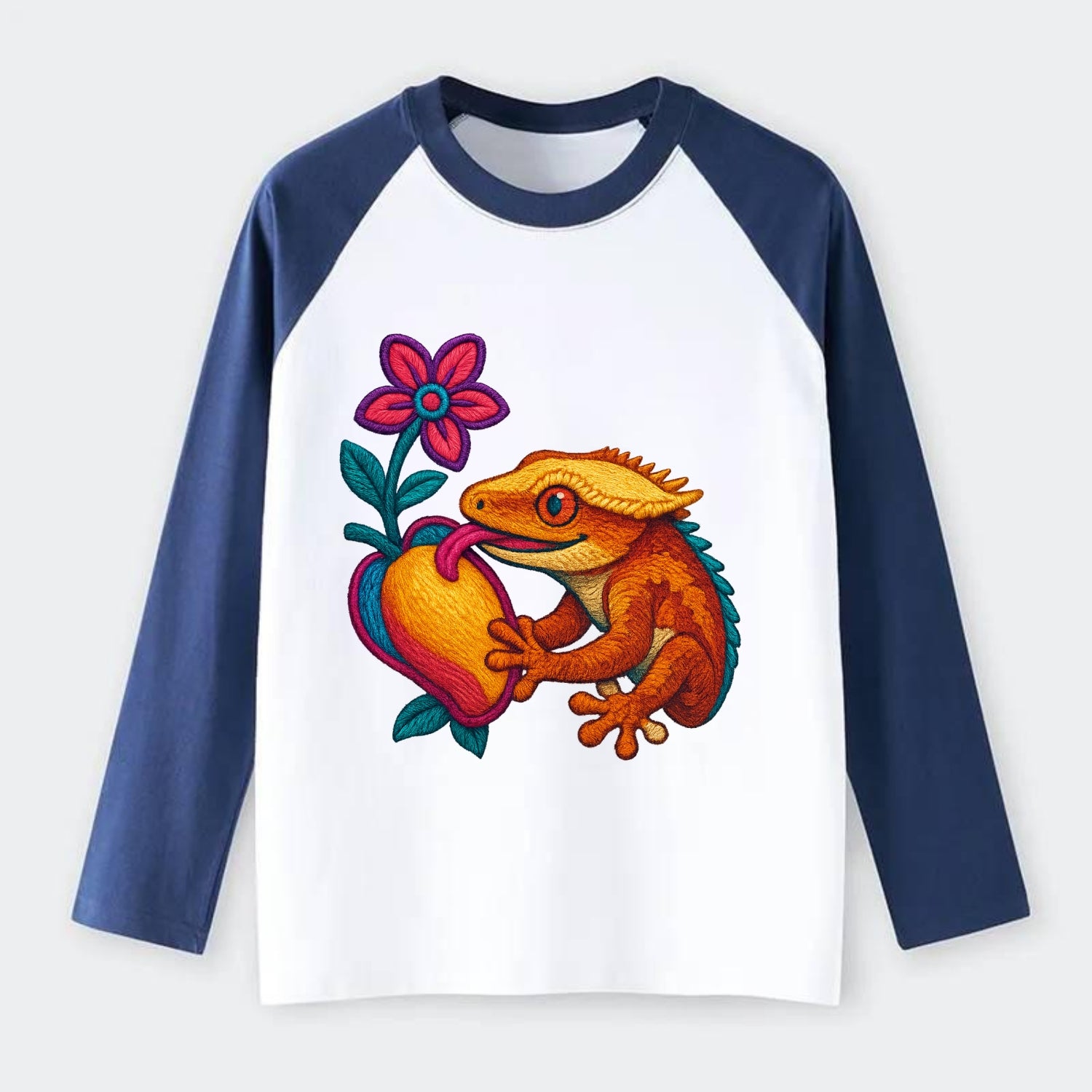 Crested Gecko - Raglan Long Sleeve T-Shirt - Blue