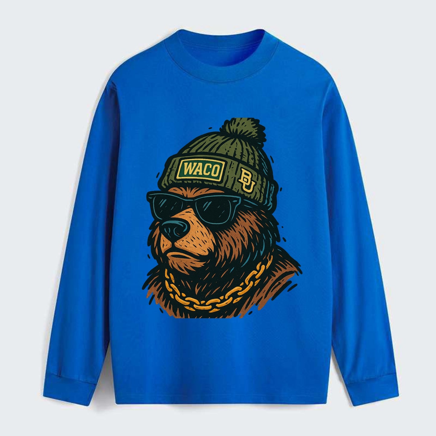 Waco Bear wearing Baylor beanie with BU patch - Classic Long Sleeve Shirt - Blue
