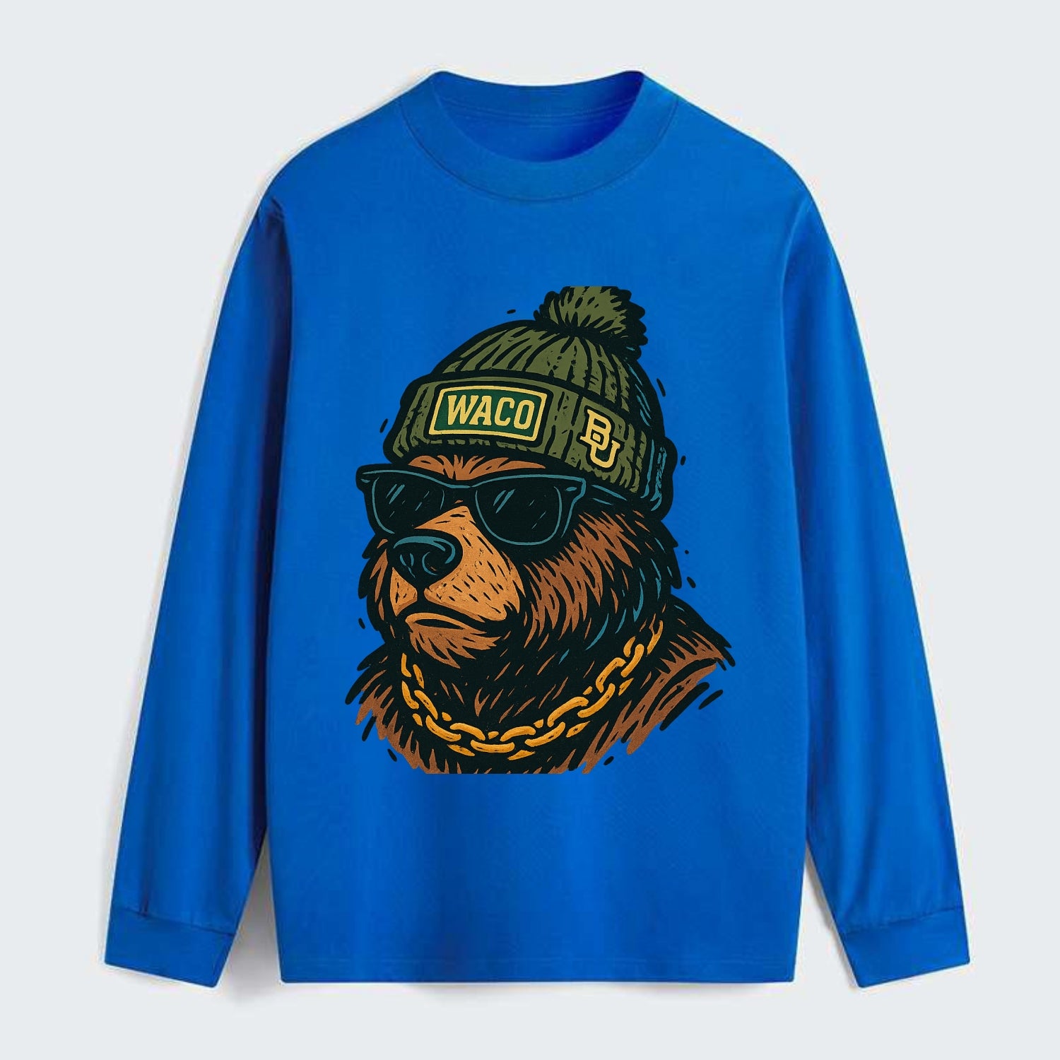 Waco Bear wearing Baylor beanie with BU patch - Classic Long Sleeve Shirt - Blue