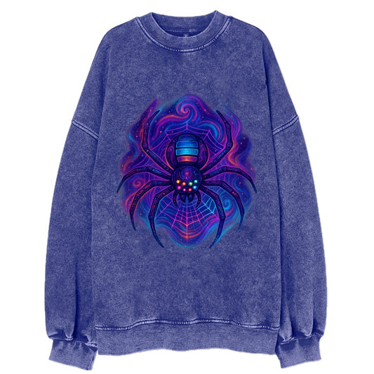 Tech spider with legs showing circuit board patterns, web glowing in neon grid - Vintage Sweatshirt - Blue