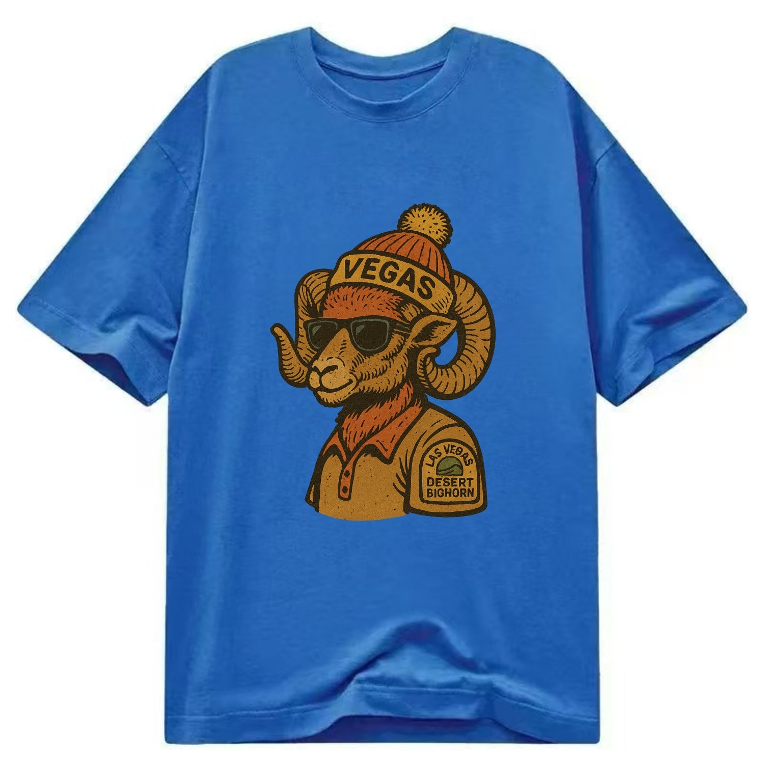 Las Vegas Desert Bighorn wearing Vegas beanie with pom pom and wayfarer sunglasses - Classic T-shirt - Blue