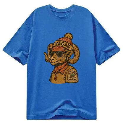 Las Vegas Desert Bighorn wearing Vegas beanie with pom pom and wayfarer sunglasses - Classic T-shirt - Blue