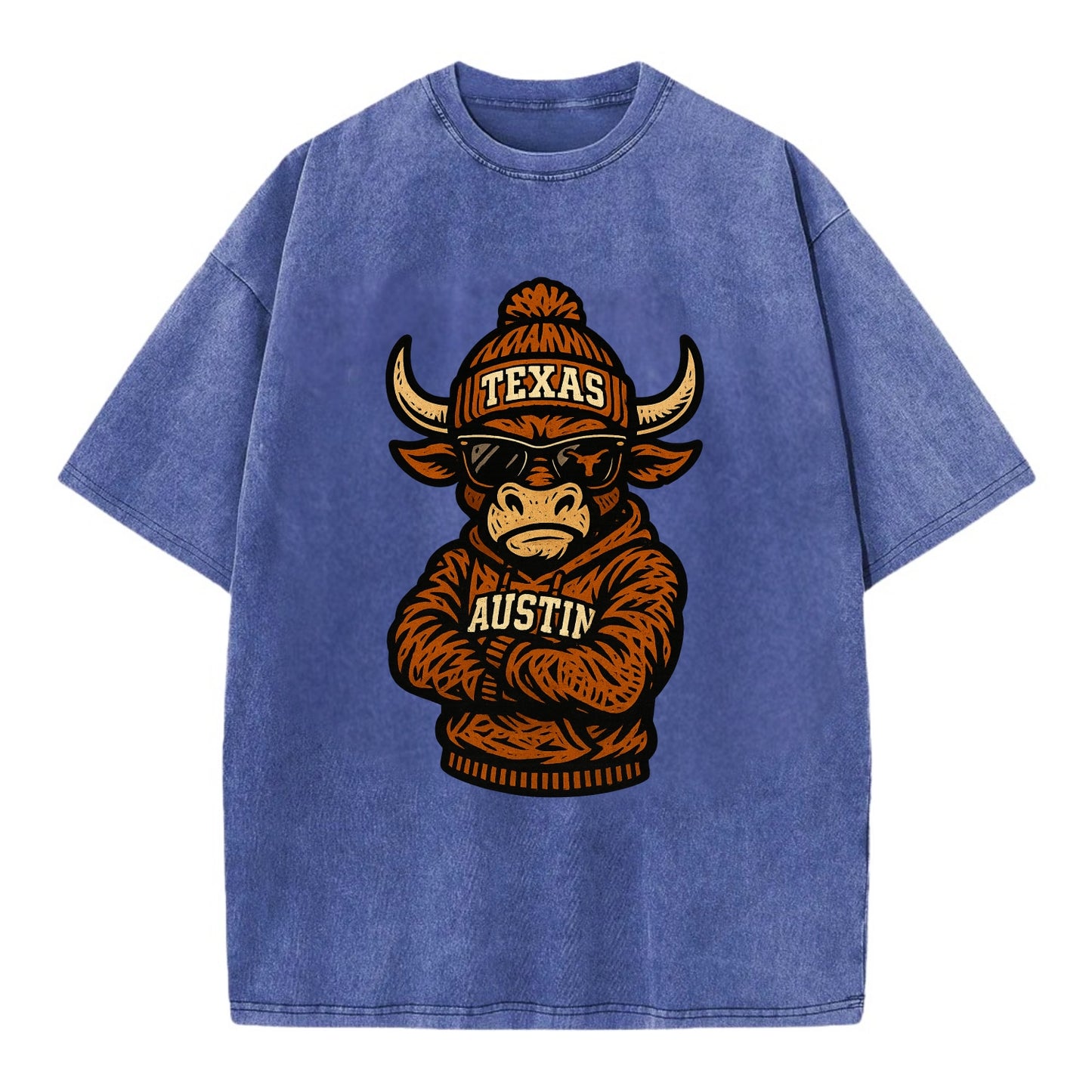 Austin Bevo wearing Texas beanie with longhorn patch - Vintage T-shirt - Blue