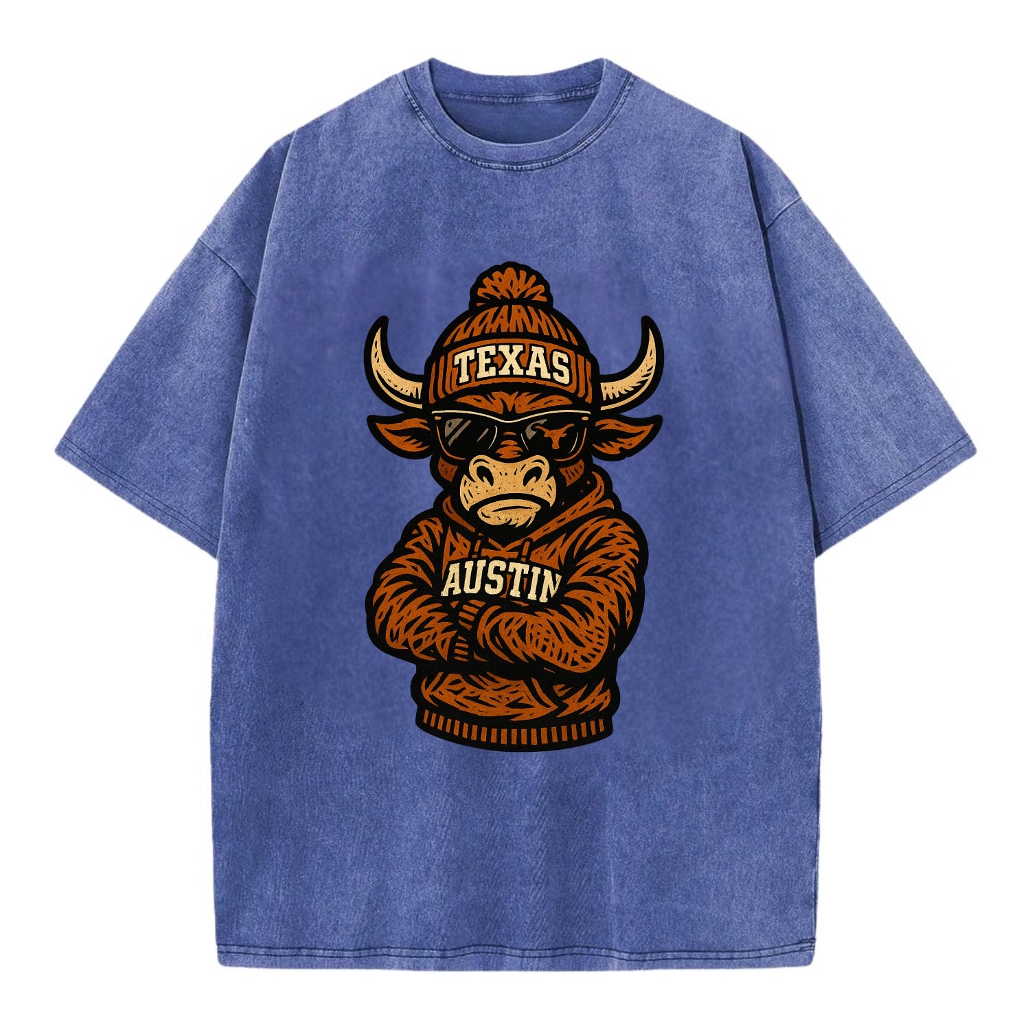 Austin Bevo wearing Texas beanie with longhorn patch - Vintage T-shirt - Blue