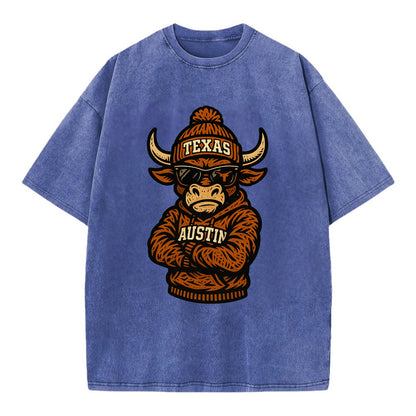 Austin Bevo wearing Texas beanie with longhorn patch - Vintage T-shirt - Blue