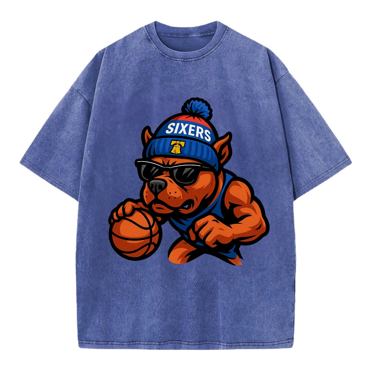 Philly Pitbull wearing Sixers beanie with Liberty Bell and wayfarer sunglasses - Vintage T-shirt - Blue