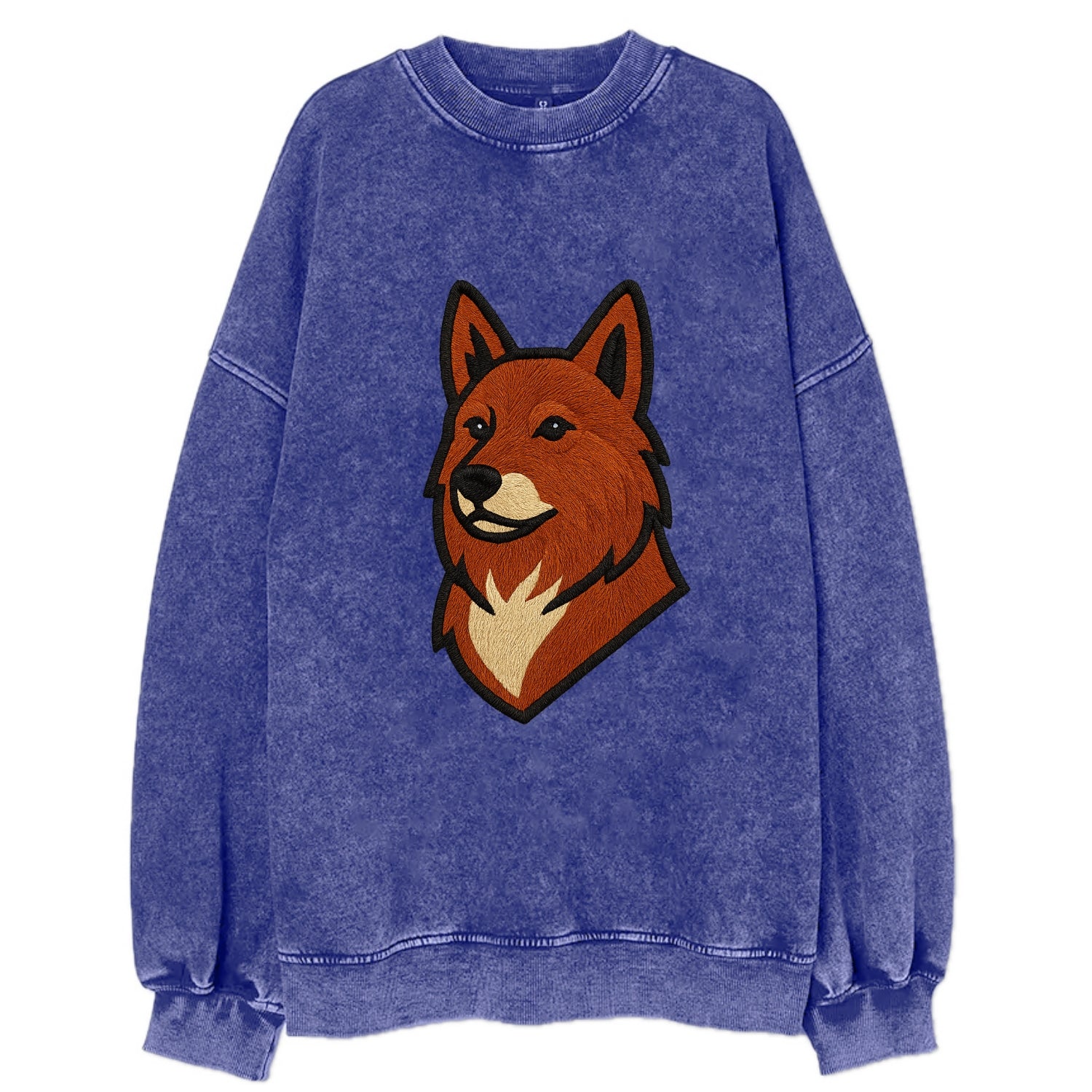 Finnish Spitz - Fox-red pointed ears embroidered pose - Vintage Sweatshirt - Blue