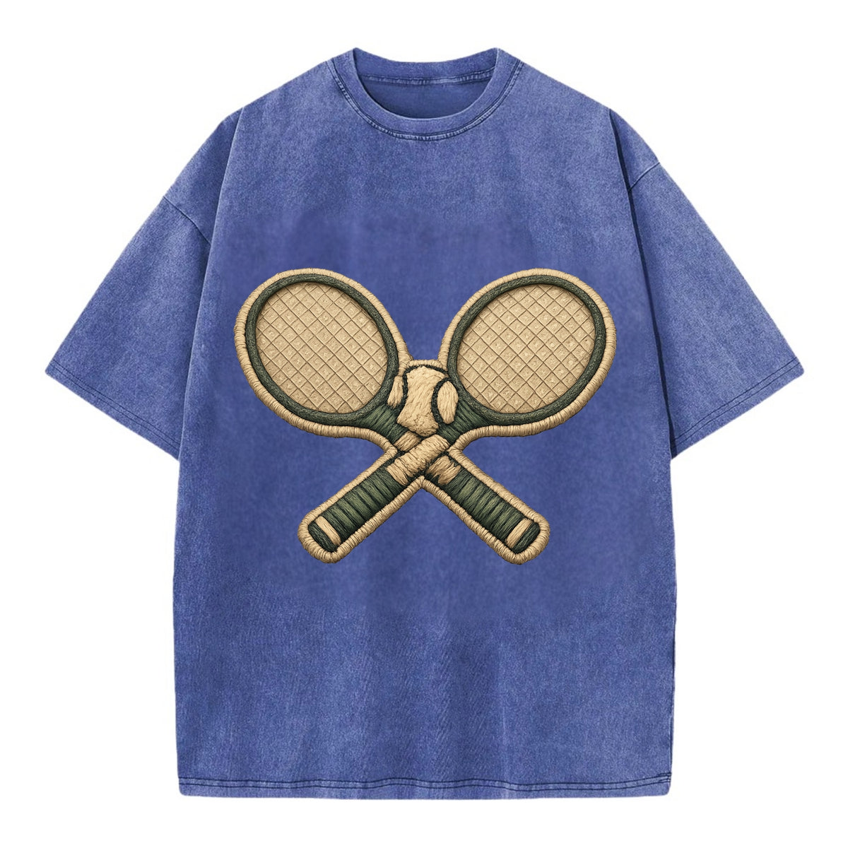 Embroidered patch design - TENNIS RACKET CROSSED - tennis rackets with ball in - Vintage T-shirt - Blue