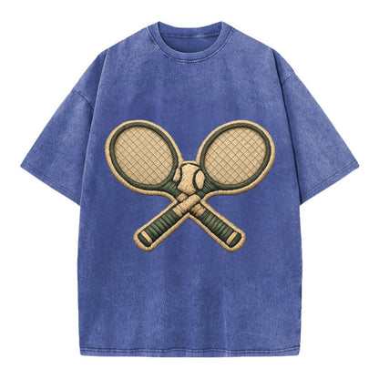 Embroidered patch design - TENNIS RACKET CROSSED - tennis rackets with ball in - Vintage T-shirt - Blue