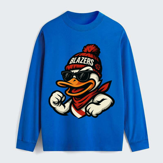 Oregon Duck wearing Trail Blazers beanie with rose patch and wayfarer - Classic Long Sleeve Shirt - Blue