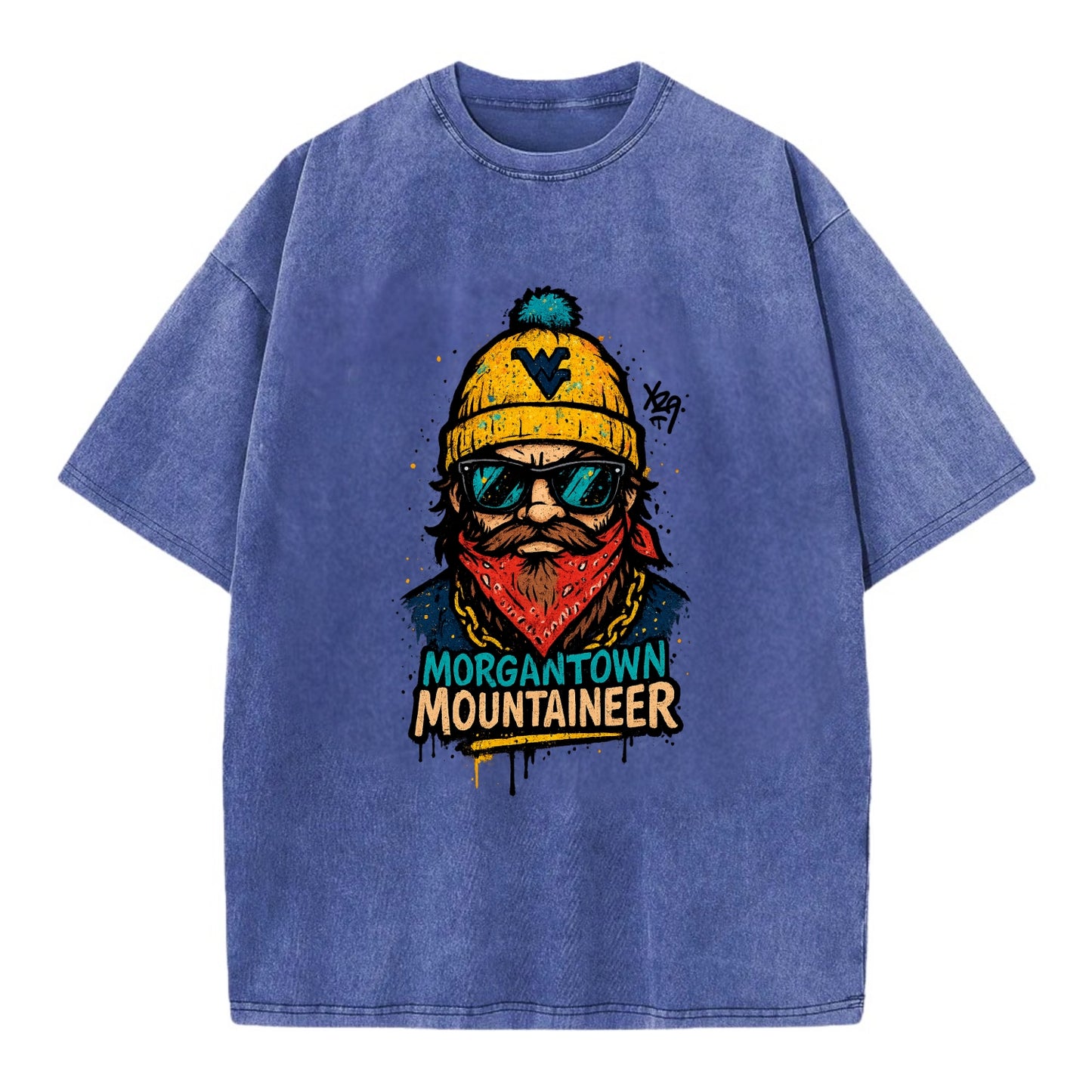 Morgantown Mountaineer wearing West Virginia beanie with WV patch - Vintage T-shirt - Blue