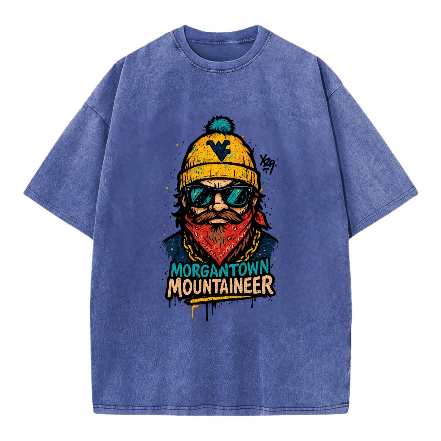 Morgantown Mountaineer wearing West Virginia beanie with WV patch - Vintage T-shirt - Blue