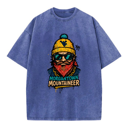 Morgantown Mountaineer wearing West Virginia beanie with WV patch - Vintage T-shirt - Blue