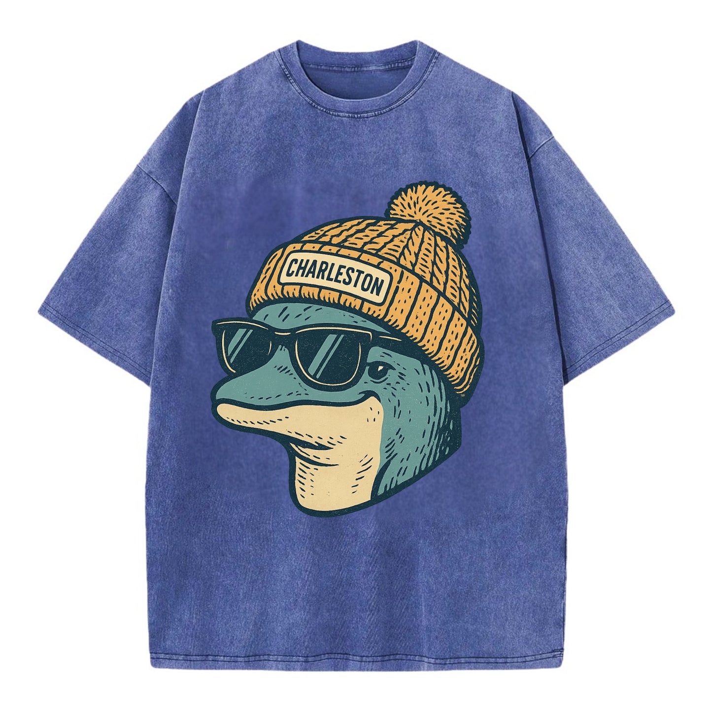 Charleston Dolphin wearing Charleston beanie with pom pom and wayfarer sunglasses - Vintage T-shirt - Blue