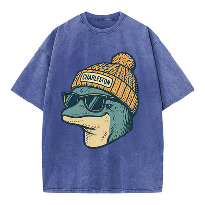 Charleston Dolphin wearing Charleston beanie with pom pom and wayfarer sunglasses - Vintage T-shirt - Blue