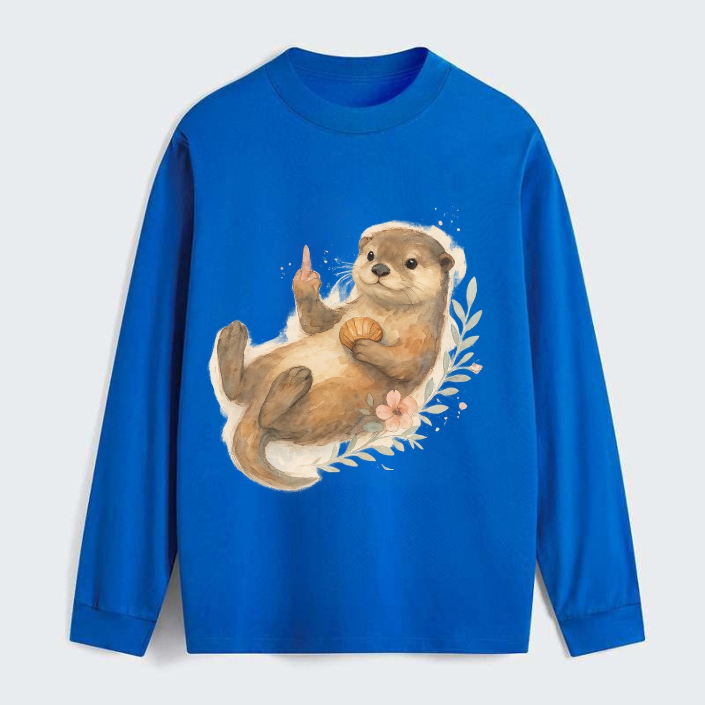 adorable otter floating on back, middle finger up while holding a - Classic Long Sleeve Shirt - Blue