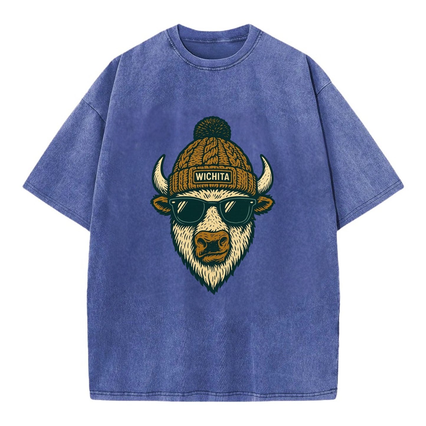 Kansas American Bison wearing Wichita beanie with pom pom and wayfarer sunglasses - Vintage T-shirt - Blue