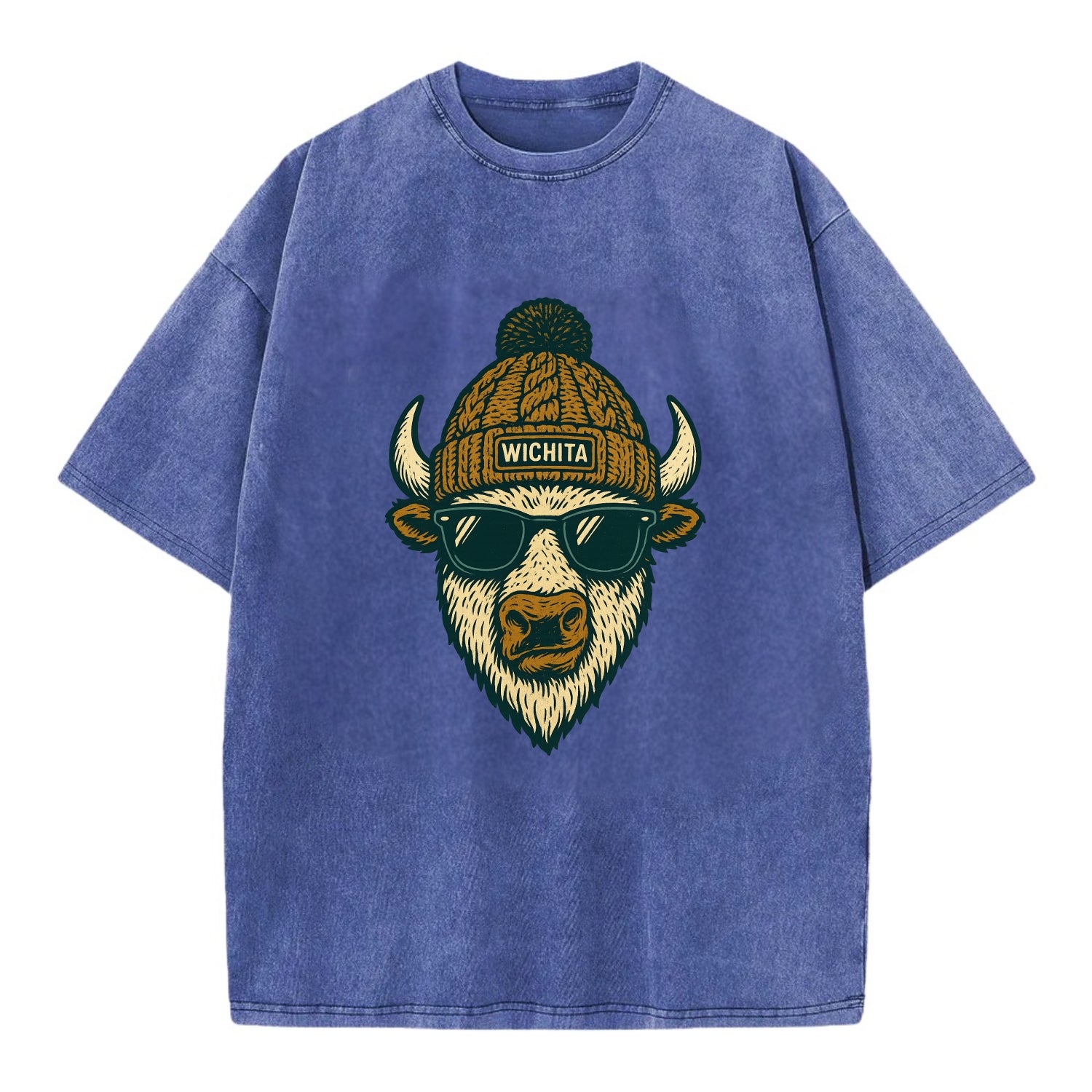 Kansas American Bison wearing Wichita beanie with pom pom and wayfarer sunglasses - Vintage T-shirt - Blue