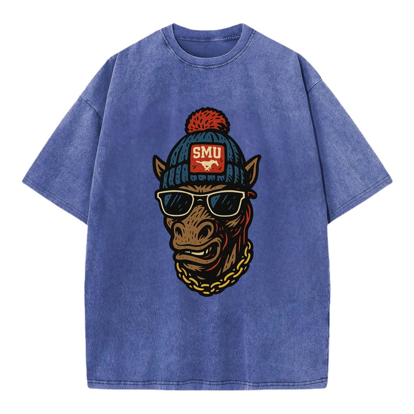 Dallas Mustang wearing SMU beanie with pony patch - Vintage T-shirt - Blue