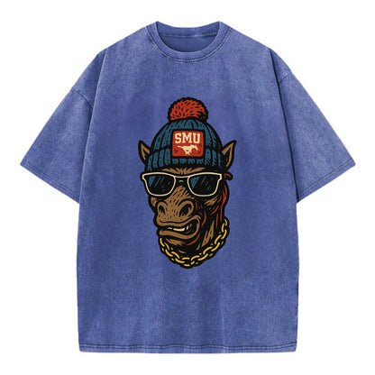 Dallas Mustang wearing SMU beanie with pony patch - Vintage T-shirt - Blue